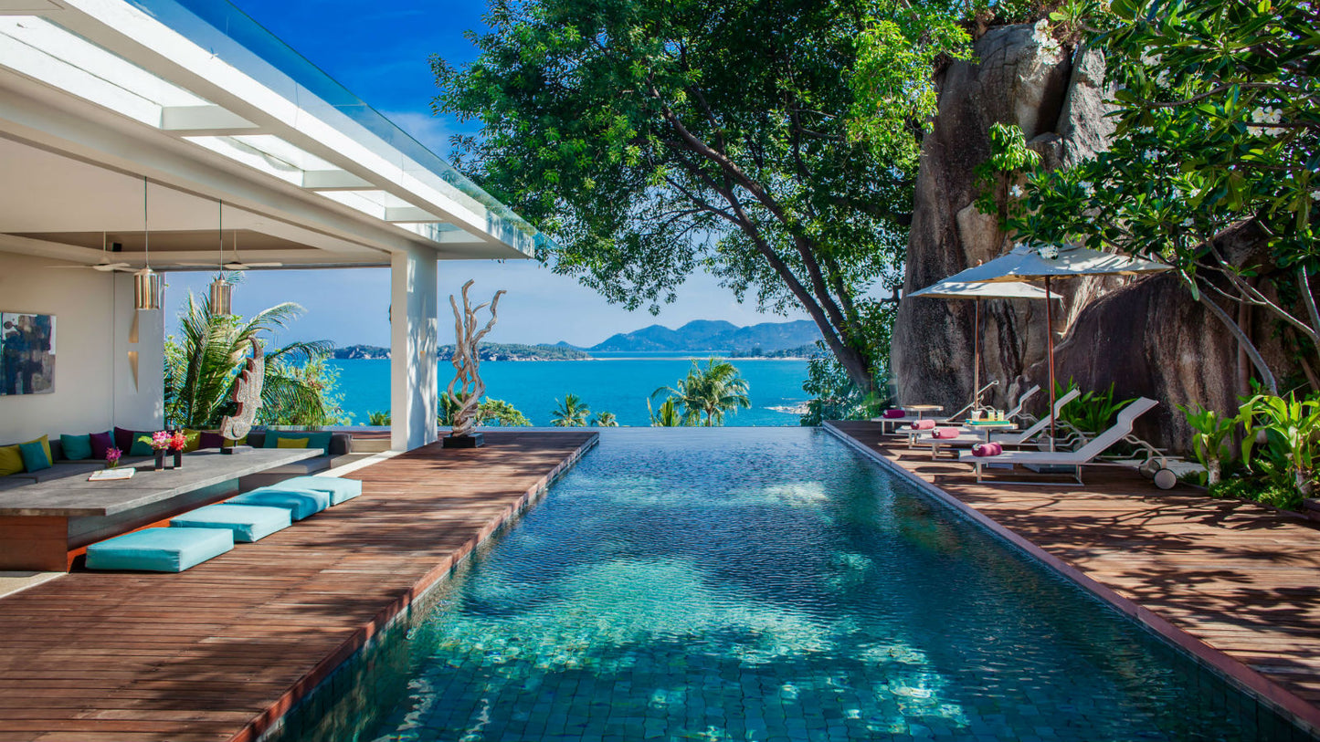 Seaview "Rock House" 5-bedrooms 2-storey villa on the rock in Bophut (Sunset and sunrise side, 300 meters to the beach, cinema room, yoga terrace)